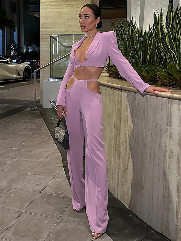 Kvinnor S Two Piece Pants Taruxy Casual Blazer Suit Women Low Cut Long Sleeve Crop Tops och snör upp breda ben Spring Outfits 221231