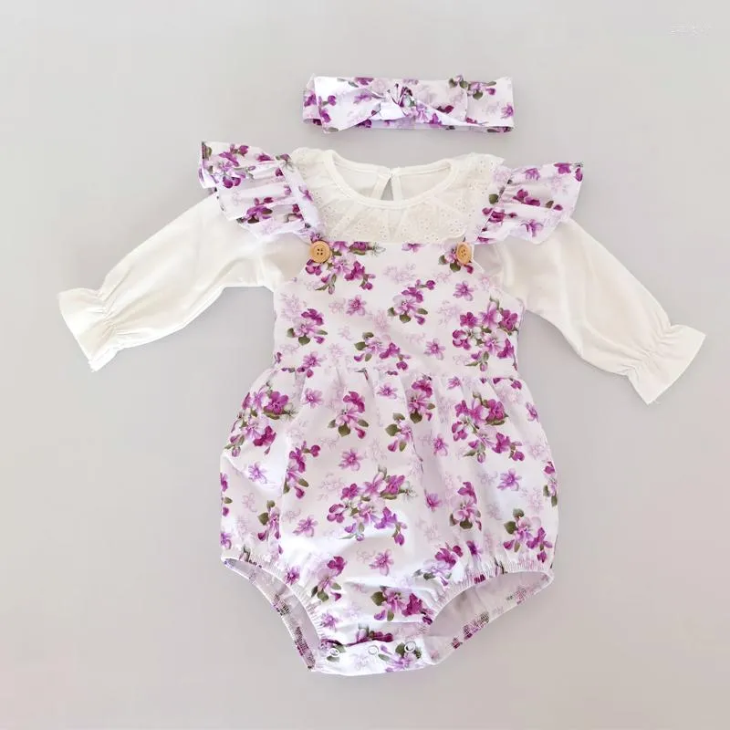 Ensembles de vêtements Flofallzique 2023 printemps automne coton blanc haut à manches longues et barboteuse à fleurs violettes costume de fille née