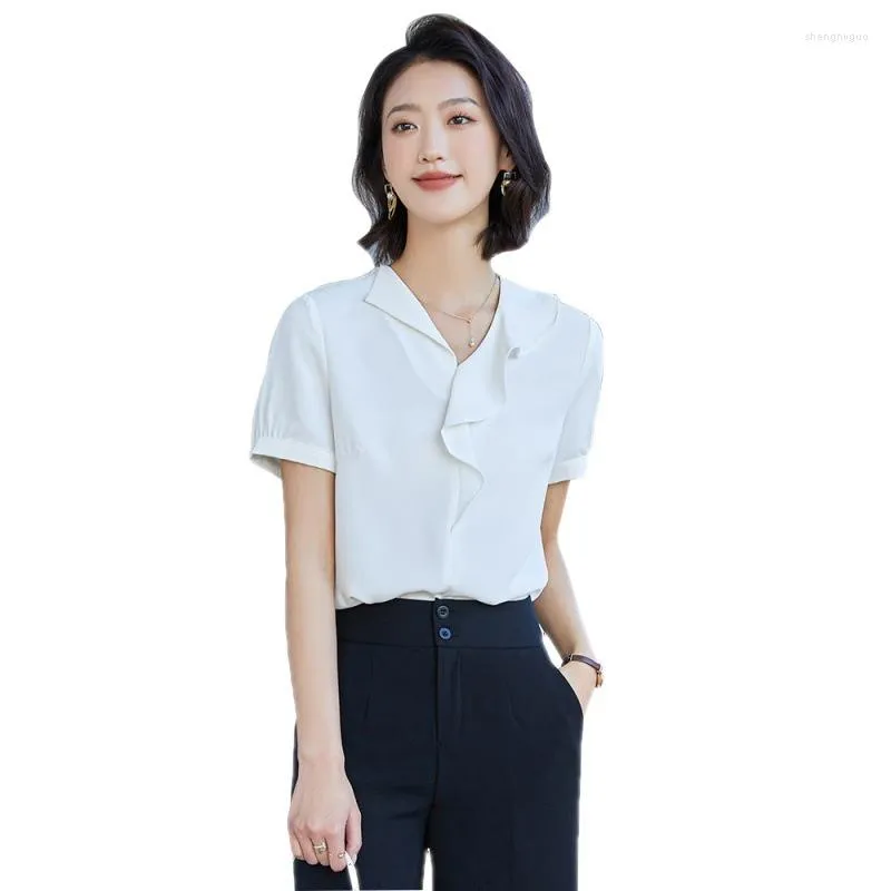 Kadın bluzları Mavi Kısa -Kısa Kısa Şifon Gömlek Kadın Yaz Tasarım Sensörü Yüzen V -NECK KÜÇÜK Suçlu Mizaç Top Büyük Boyut