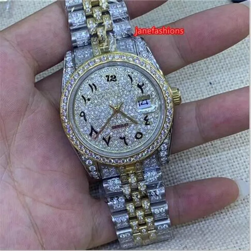 Herr Diamond Fashion Watch Bi-Gold Diamond rostfritt stålband Butikklockor Arabiska skala Automatisk mekanisk290i