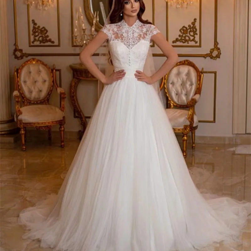 Marokko Vintage Spitze A-Linie Brautkleider Stehkragen Flügelärmel Rückenfrei Französische Applikation Formelle Brautkleider Weiß Elfenbein Hochzeit Kirche Hochzeitsoutfits