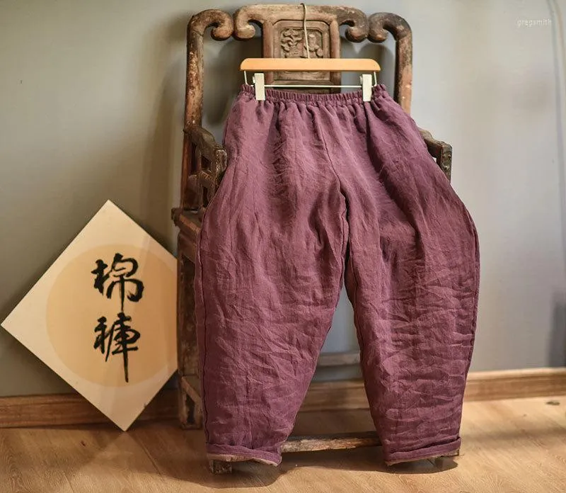 Women's Pants Women Loose Linen Elastic Waist Padded Ladies Vintage Spliced Flax Trousers Female 2023