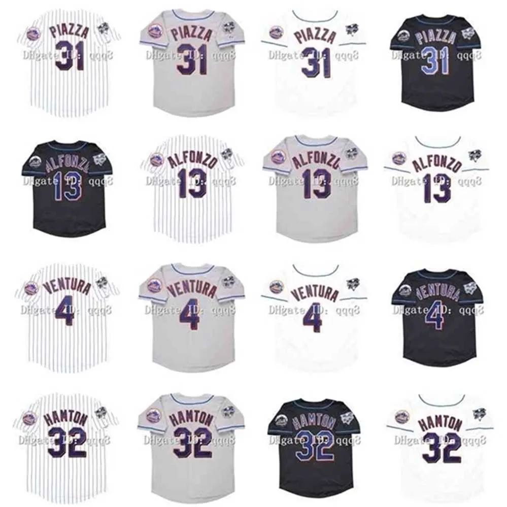 QQQ8 AIR01 Vintage 2000 Baseball jersey Mike Piazza 13 Edgar Alfonzo 4 Robin Ventura 32 Mike Hampton White Gray Black Jerseys