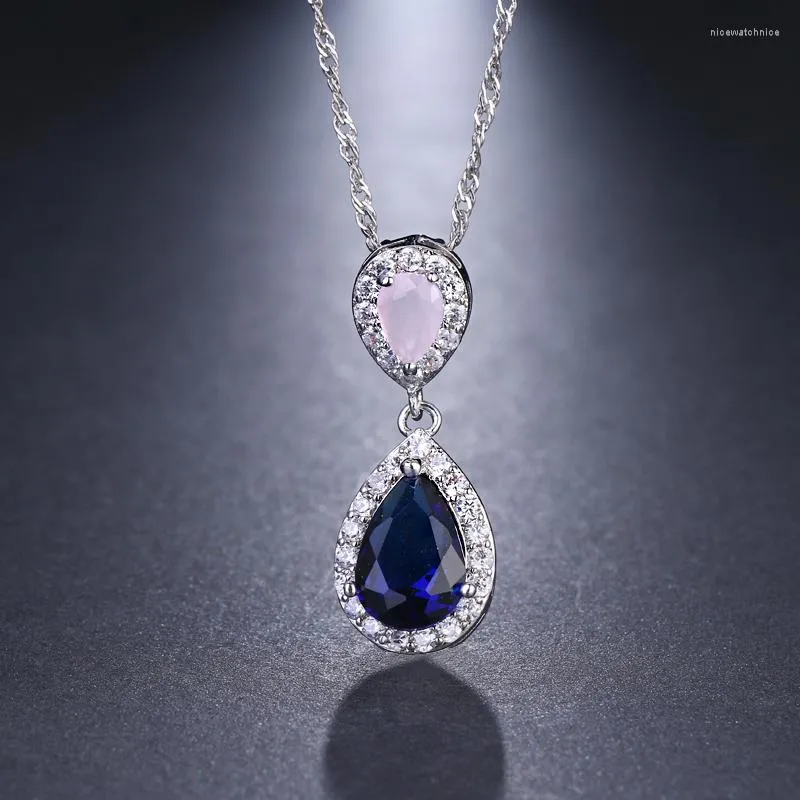 Pendentif Colliers Emmaya Rose et Bleu Mode Zircon Éblouissant Double Goutte D'eau Collier En Forme Pour Femmes Cadeau