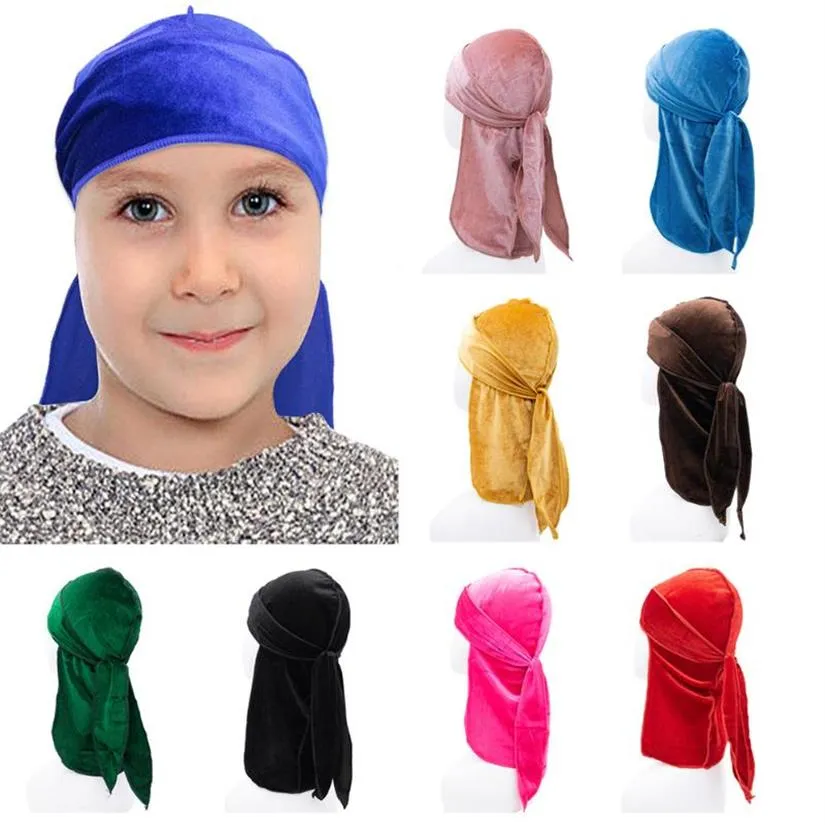 Çocuklar Durags unisex düz renkli kadife nefes alabilen uzun kuyruk bandana çocuk şapkası türban durag kapak başlık başı saç aksesuarları be270j