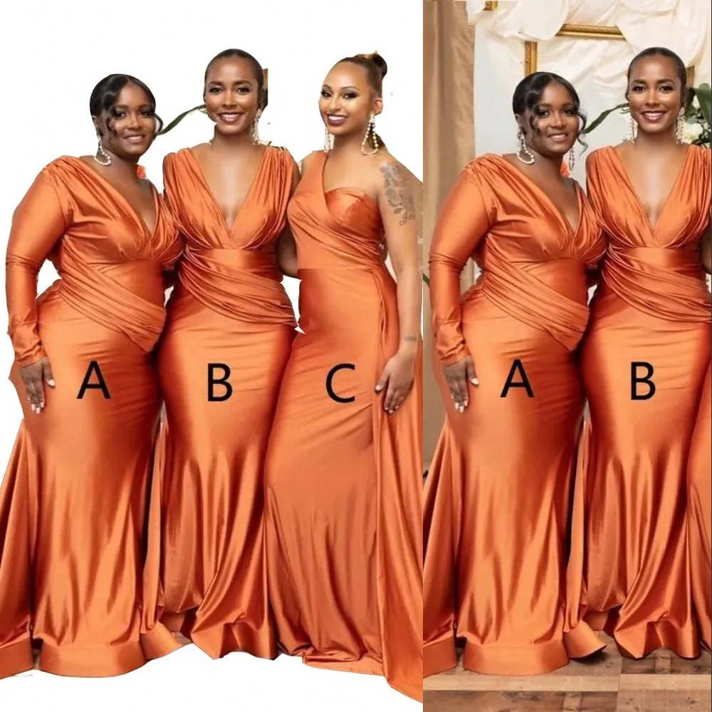 2023 Robes de demoiselle d'honneur sirène africaine orange grande taille Nigeria filles robe d'invité de mariage d'été sexy col en V longue demoiselle d'honneur robes balayage train