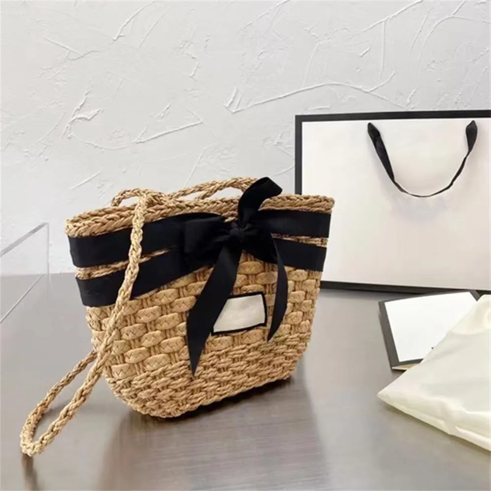 Resort Style Straw Bag Women's Khaki Beach Woven Shoulder Bag Ribbon Bow Adorn Hand Basket Summer Handbag304M