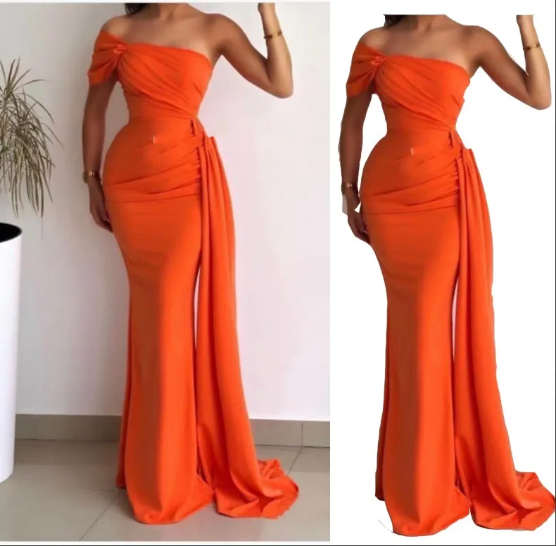 Sexy Arabic Long Bridesmaid Dresses For Weddings Silk Satin Orange Mermaid One Shoulder Party Sweep Train Maid Honor Gowns 403