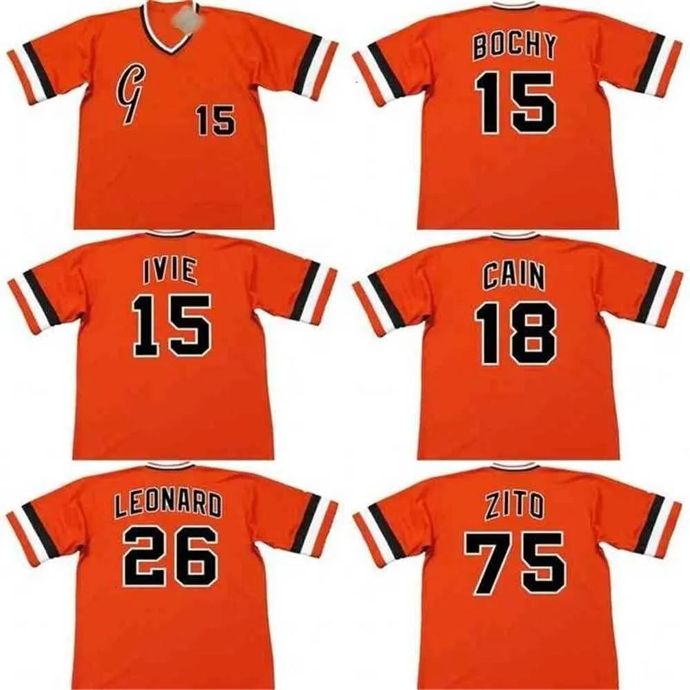 qqq8 C202 Men 15 BRUCE BOCHY 15 MIKE IVIE 18 MATT CAIN 26 JEFFREY LEONARD 75 BARRY ZITO 1975 Baseball Jersey