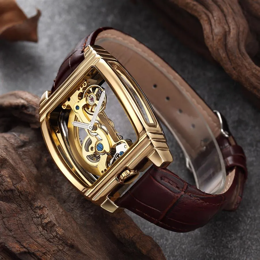 Transparent Mens Watches Mechanical Automatic Wristwatch Leather Strap Top Steampunk Self Winding Clock Male montre homme2805