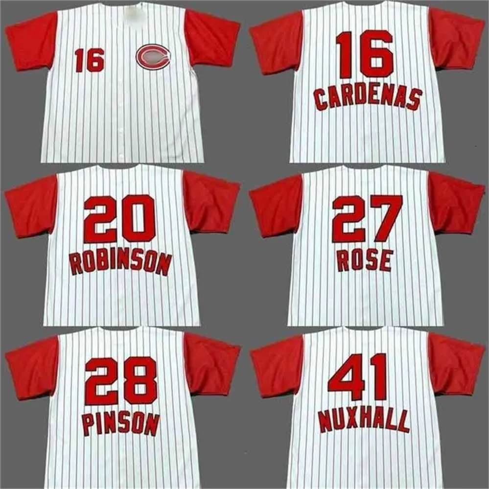 qqq8 C202 Chicago 28 VADA PINSON 16 LEO CARDENAS 27 PETE ROSE 20 FRANK ROBINSON 41 JOE NUXHALL maillot de baseball cousu