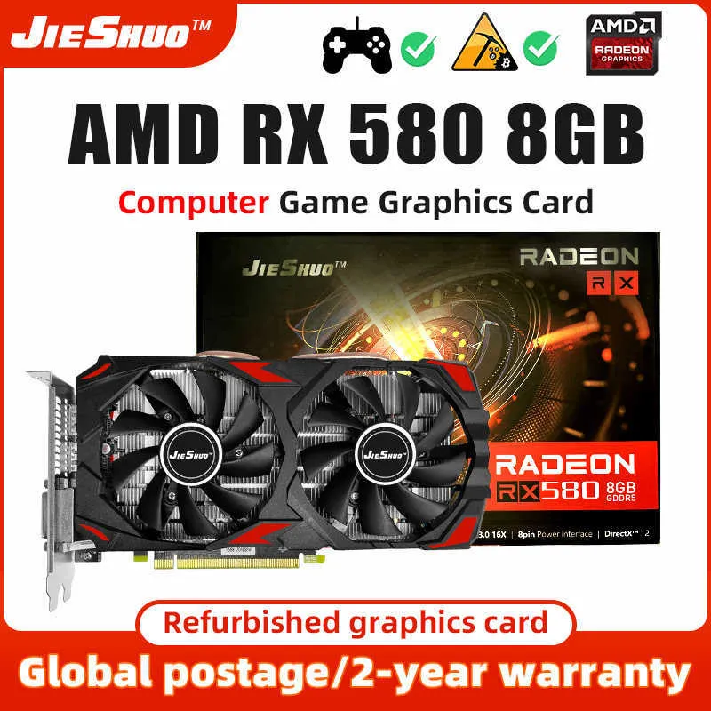 Jieshuo Videokaart AMD RX 580 8G GDDR5 GPU RX580 8GB 256BIT 2048SP COMPUTER GPU RX 580 8GB Desktopcomputer Play Game