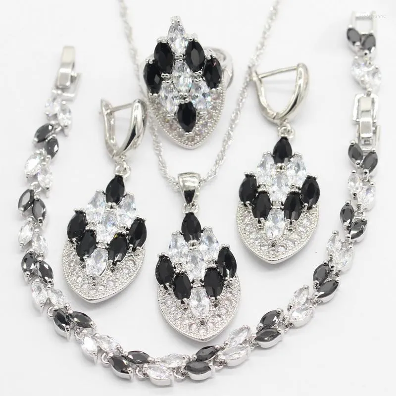 Ensemble de collier et boucles d'oreilles en pierre blanche et noire, en argent 925, pour femmes, mariage de quatre bagues pendantes, Bracelet, boîte à bijoux