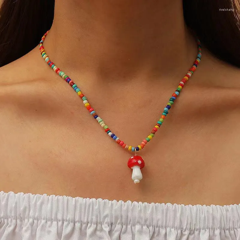 Pendant Necklaces Creative Handmade Rice Bead Necklace Lovely Mushroom Korean Personality Woven Jewelry
