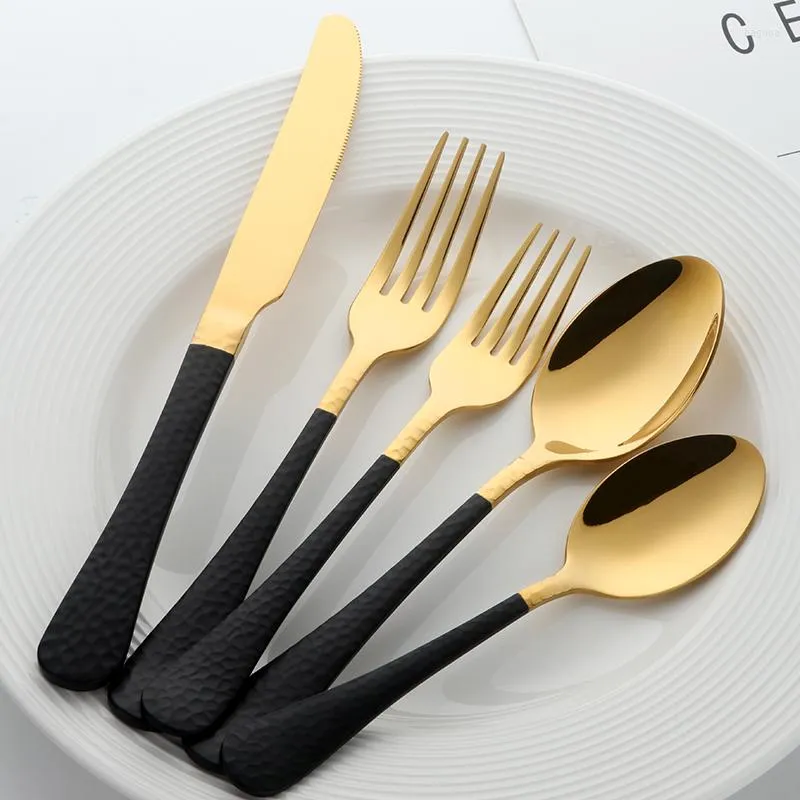 Flatware sets 20 stks Blackgold bestek roestvrijstalen set creatieve handgreep metalen dessert lepel vork mes kit serveergereedschap