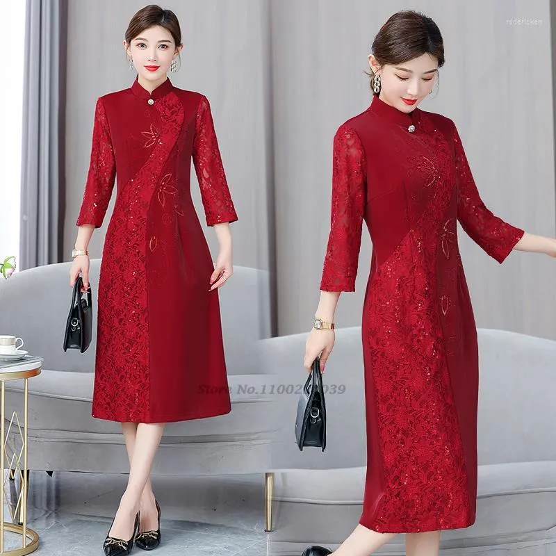 Abbigliamento etnico 2023 Donna Pizzo Cheongsam Cinese Migliorato Abito Qipao Tradizionale Sera Vestido Elegante Orientale Vintage