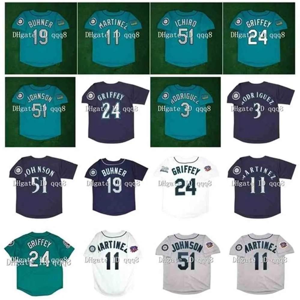 qqq8 Air01 1994 1997 Retro 24 Ken Griffey Jr. Jersey 3 Alex Rodriguez 19 Jay Buhner 51 Ichiro Suzuki 11 Edgar Martinez Cucito Verde Bianco Grigio Blu