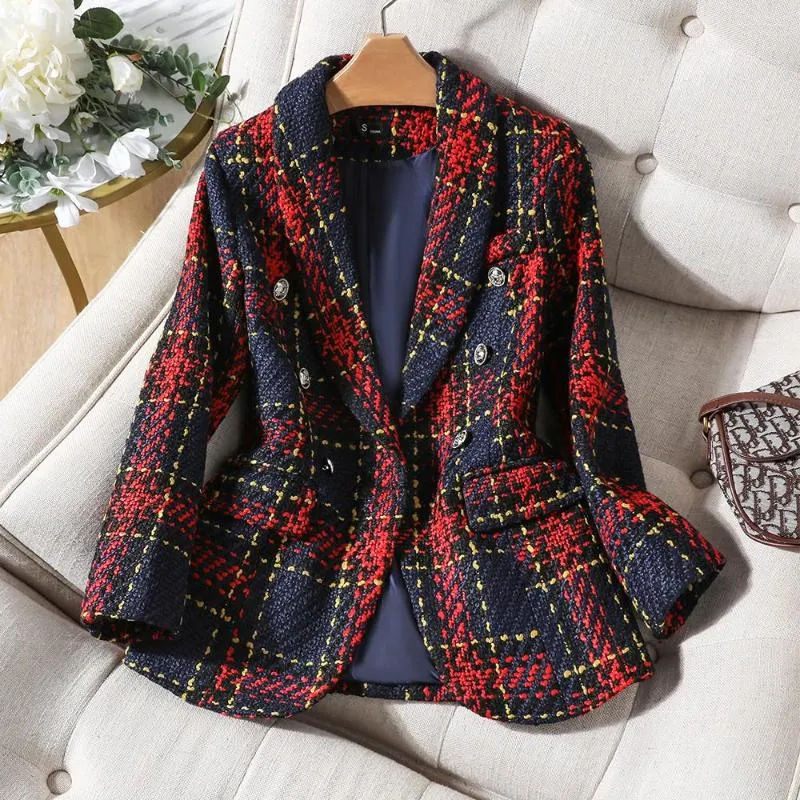 Women's Suits High Quality Thick Winter Blazer Women Fashion Ladies Red Blue Plaid Coat Female Slim Casual Single Breasted Jacket