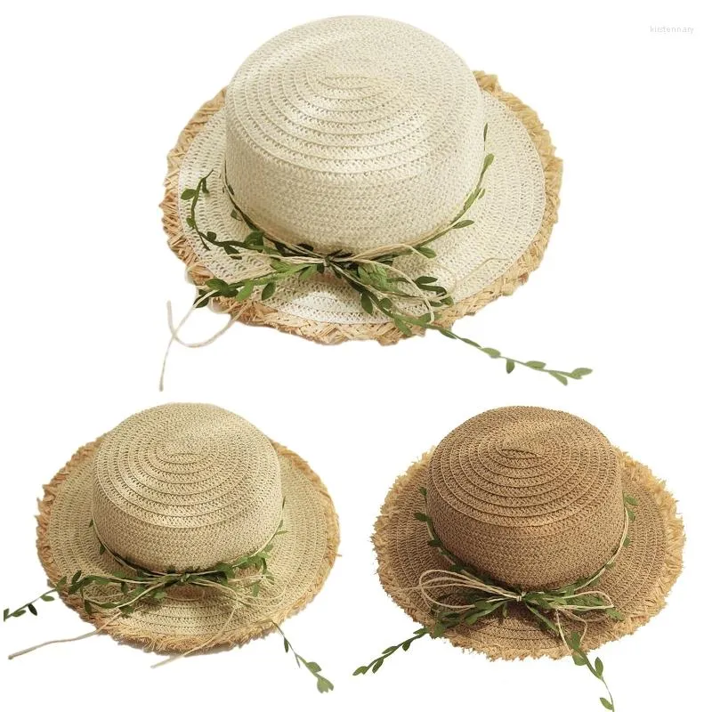 Berets Eltern-Kind-Strohhut Sommer Blatt Dekor Sonne Strandkappe Erwachsene Kinder Sonnenschutz Fischer Visier für das tägliche Tragen im Freien