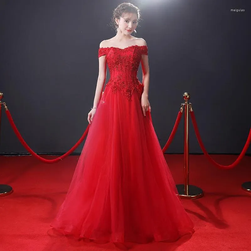 Ethnic Clothing Bridal One Shoulder Toast Dress Spring Long Fishtail Red Velvet Banquet Temperament Evening Skirt Women's Sleeves