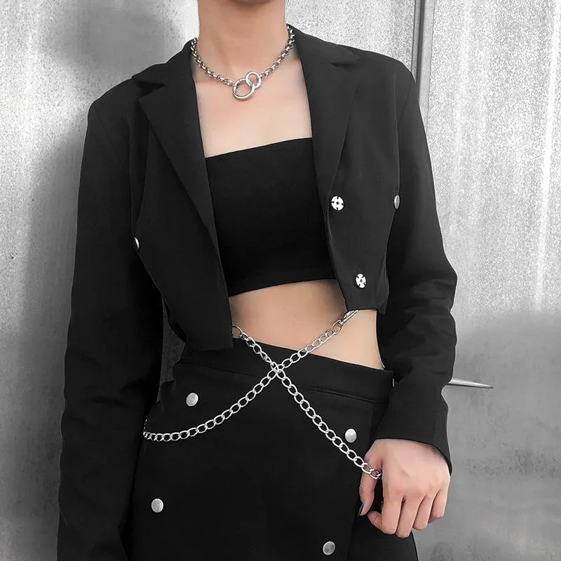 Women's Suits Punk Suit Gothic Chain Short Blazer Women Solid Single Breasted Street Indie Fashion Clothing Cool Girl