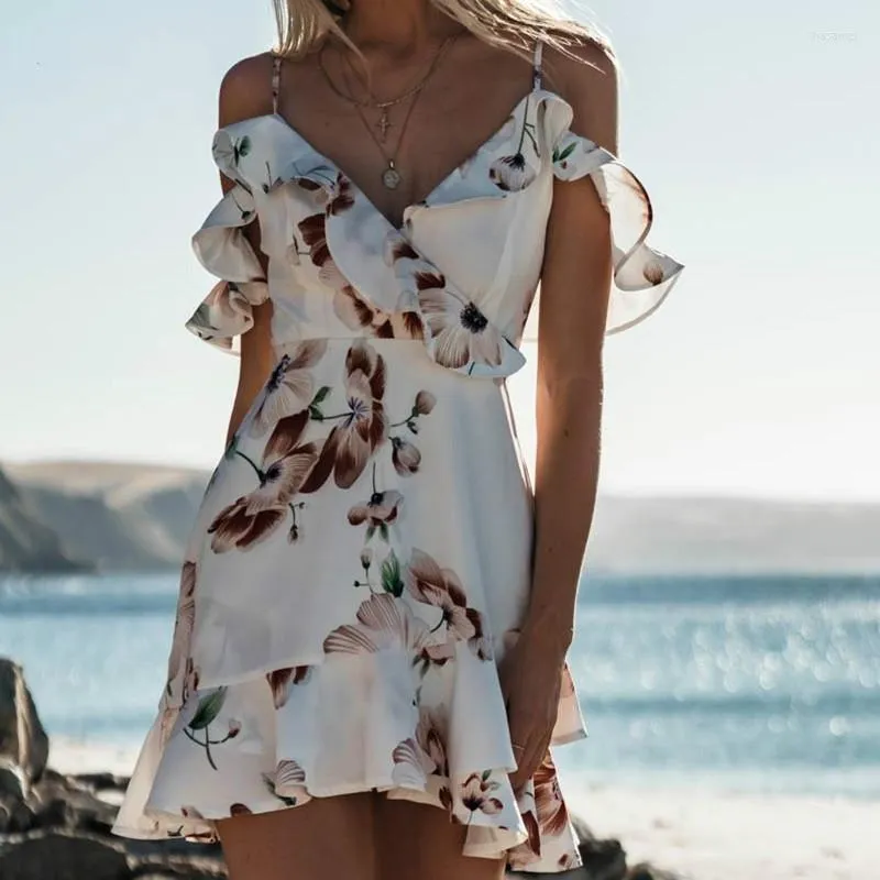 Casual Dresses Summer Short Dress Women Mini White Black Ladies Chiffon Floral Ruffle Beach kläder 2023 Fashion Vestido