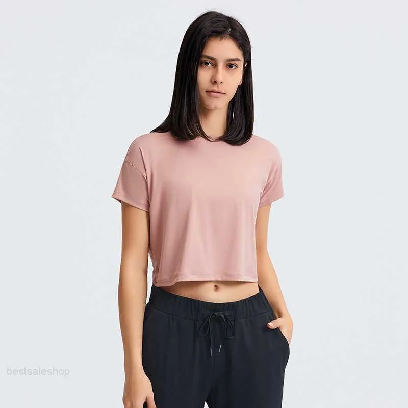 L-53 Sexig navel utsatt yogatoppar l￶st och andningsbara l￶pning T-skjortor Kvinnor Kort ￤rm Solid Color Outdoor Sports Fitness Clothes Top