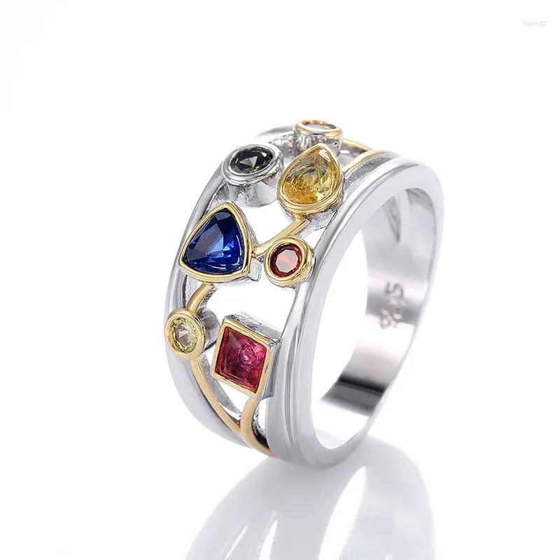 Anillos de boda de lujo con diseño de línea ondulada hueca, anillo de dedo de piedra de circón triangular cuadrado redondo colorido para mujer, regalo de joyería