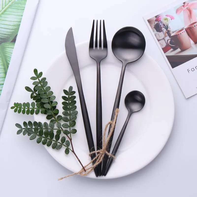 Zestawy naczyń obiadowych 4PC/Set Western 304 Zestaw sztućców ze stali nierdzewnej Mat Matowe Stolika Stoły Fork Zestaw Spoon Black Gift Box