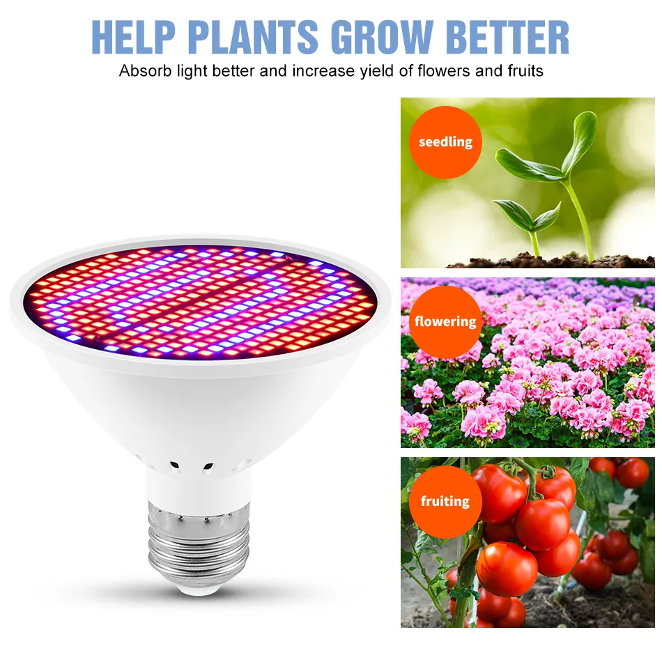 LED E27 Grow Light Full Spectrum Sera İç Mekan Hidroponik Bitki Ampulü için Büyüyen Işıklar 126 200 300 LEDS Fito Lambası