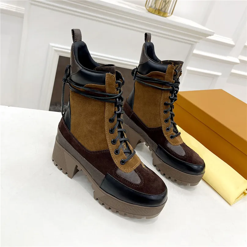 2023 Designer Paris Laureate Platform Desert Boots Mocka Kalvläder och Patent Canvas Back Loop Treaded Gummi Yttersula Martin Winter Sneakers Stl 35-43