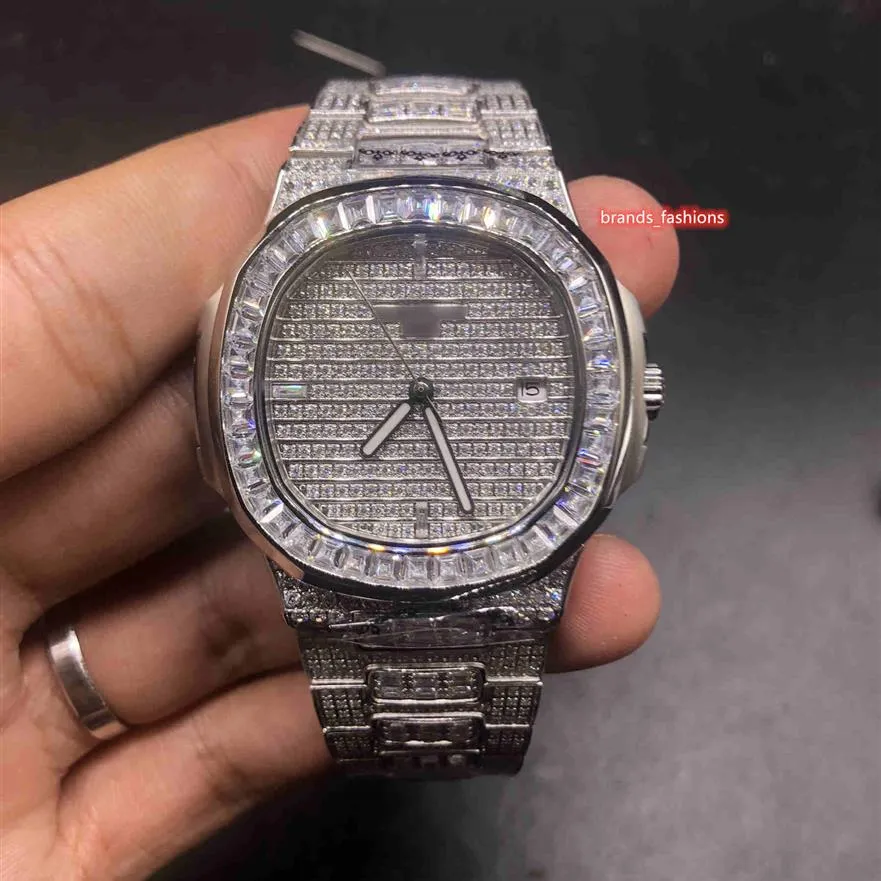 Herren Iced Diamond Armbanduhr Silber Edelstahlgehäuse Uhr Seltsame Modeuhr Diamantarmband Automatik Mechanica278u