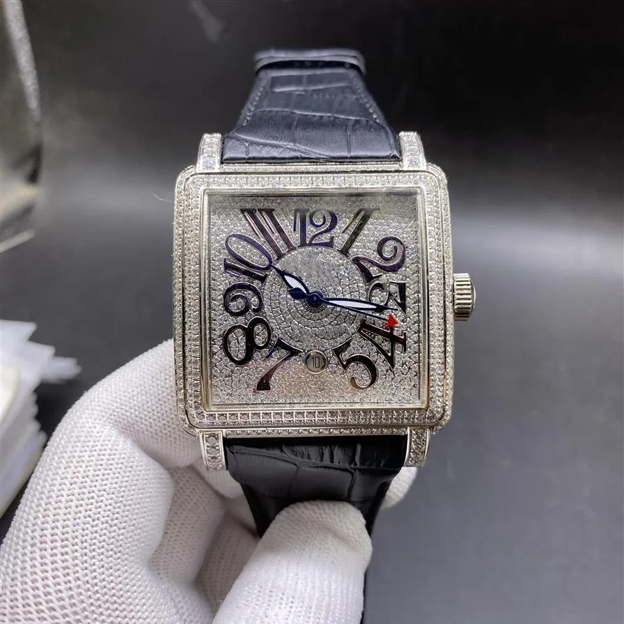 FM Sky Star Luxe diamant ingelegd platina horloge 45 mm vierkante Arabische cijfer wijzerplaat Black Belt Men's Watchs2911