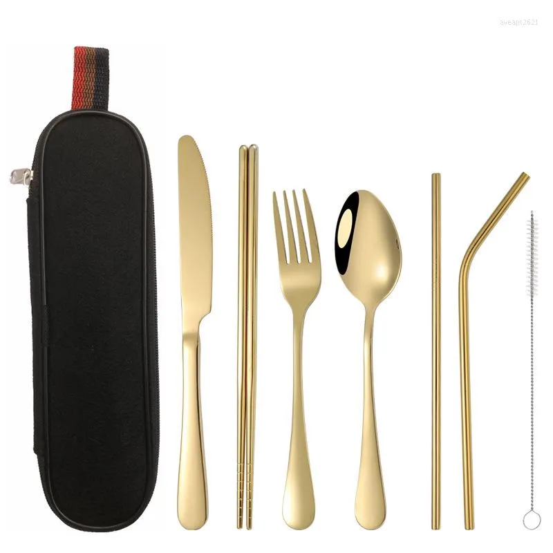 Dinnerware Sets 7 Piece Set Stainless Steel Cutlery Bag Spoon Chopsticks Straw Camping Travel Convenient