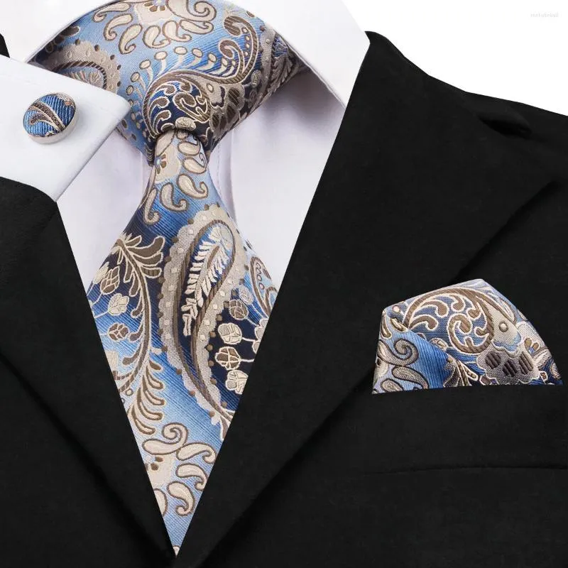 Bow Ties Blue Champagne Paisley Design Silk Wedding Tie For Men Handky Cufflink Gift Mens Necktie Fashion Business Party Dropship Hi-Tie
