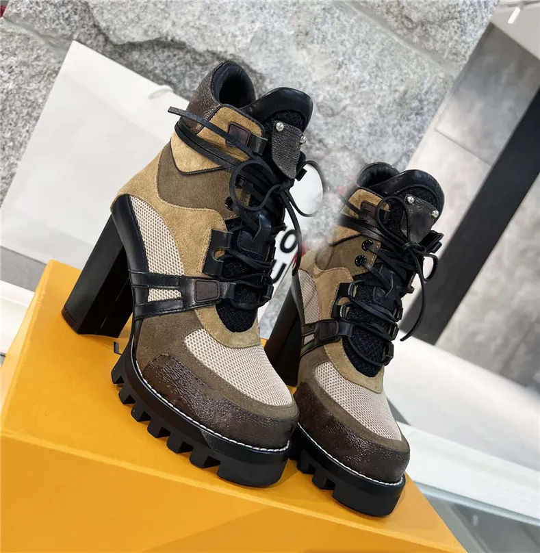 2023 Designer Paris Iconic Star Trail Ankle Boots Treaded Rubber Patent Canvas And Leather High Heel Chunky Lace up Martin Ladys Winter Sneakers With Original Box