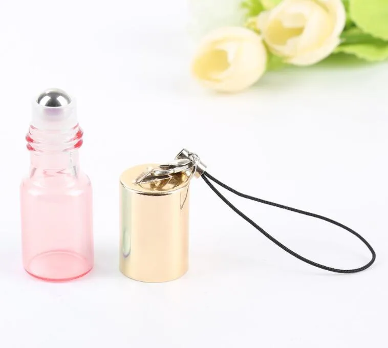 5 ml gold deckel anhänger perle glanz rolle flasche ätherisches öl leere parfüm glas fläschchen schlüsselbund mit metall roller ball