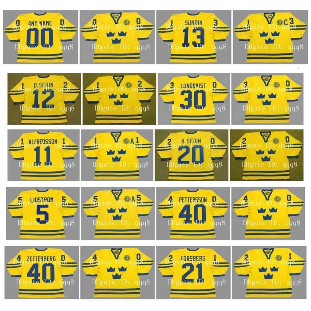 qqq8 Vintage 2002 Maillots de l'équipe de Suède 12 DANIEL SEDIN 30 LUNDQVIST 5 NICKLAS LIDSTROM 40 ELIAS PETTERSSON 40 HENRIK ZETTERBERG Hockey personnalisé