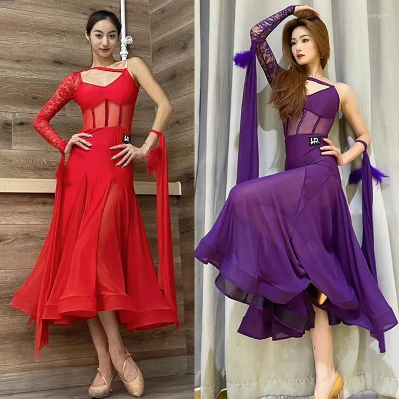 Vêtements de scène dentelle une manche robe de danse de salon femmes rouge violet valse Costume moderne Performance vêtements Tango BL9858