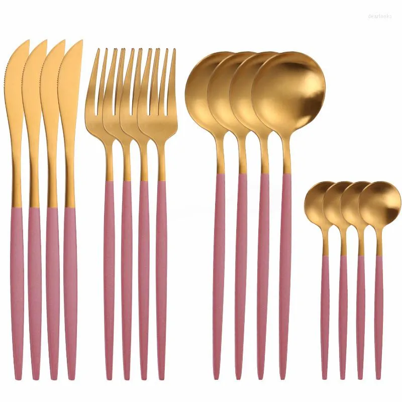 Set di stoviglie Set di posate in oro rosa Stoviglie in acciaio inossidabile Opaco 16 pezzi Cucchiaio Forchetta Coltello Cena Posate da cucina complete