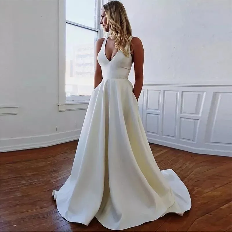 2023 Простое платье Свадебное платье Сексуальное VERID VESTIDO DE NOVIA ROBE DE MARIEE SATIN BUSTAL HANTS BOW