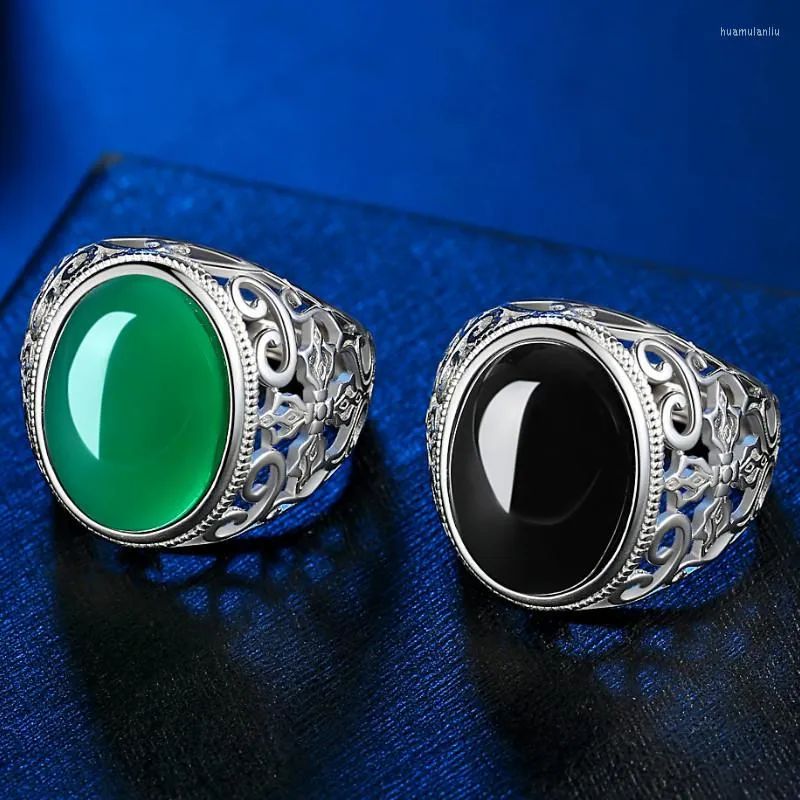 Wedding Rings Classic Silver Plated Men's Ring Hollow Carved Flower Anniversary Oval Green/Black Gems Crystal Engagement Business