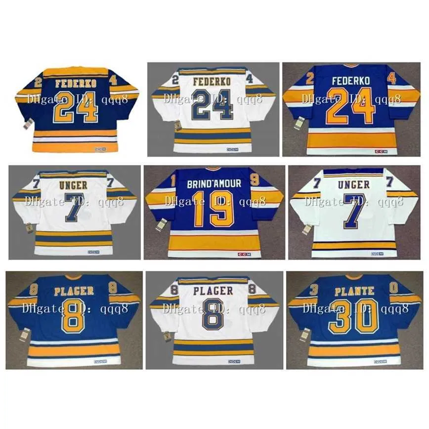 q888 Maglia vintage BERNIE FEDERKO 19 Rod Brind'amour 7 GARRY UNGER 8 BARCLAY PLAGER 30 Jacques Plante Blu Bianco CCM Hockey