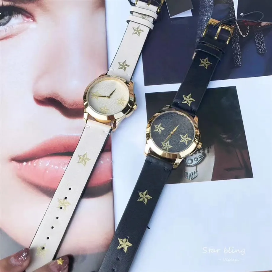 Modemärke klockor för kvinnor flicka femspetsig stjärna bin stil läder rem kvarts handledsur g781995