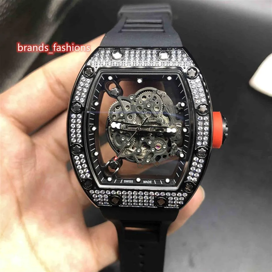 Erkekler Ice Diamond Watches Openwork Face Watch Diamond Case Siyah Kauçuk Kayış Tam Otomatik Mekanik Bileklik225t