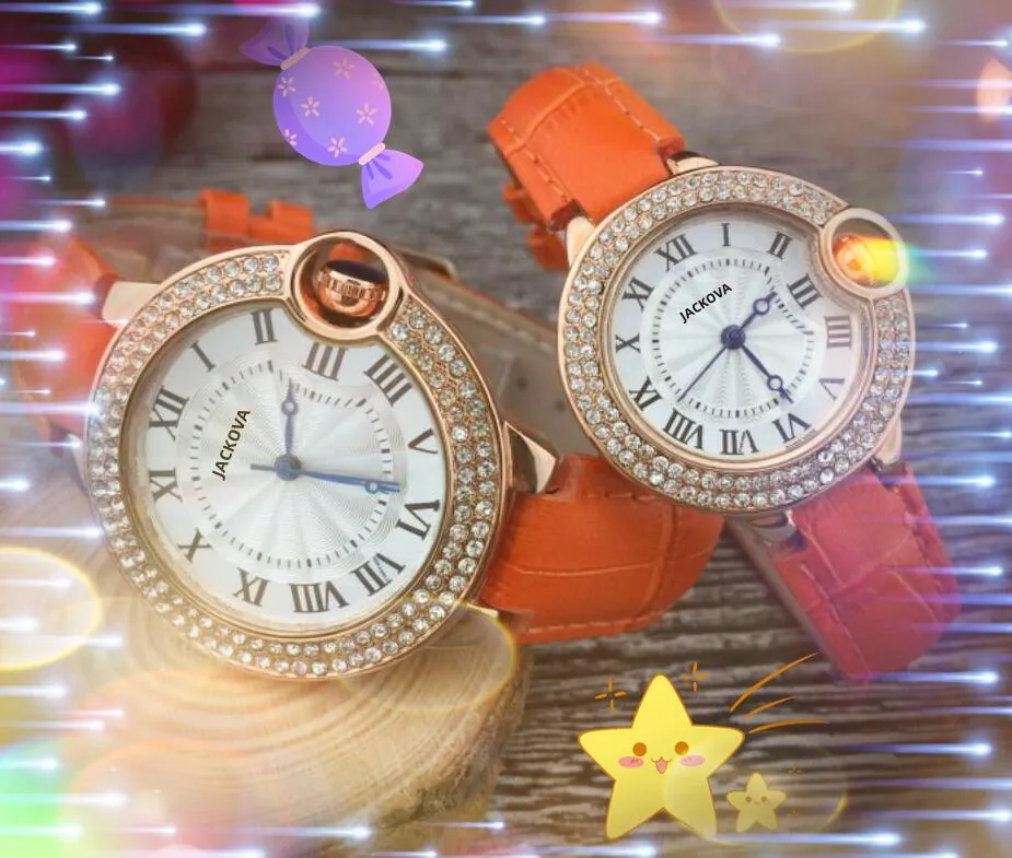 Super Mens Women Lovers montre 38 mm 33 mm de quartz temps de mouvement horloge ceinture en cuir diamants anneau Roman cadran trois ￩pingles en or rose Silver Wristwatch Orologio di Lusso