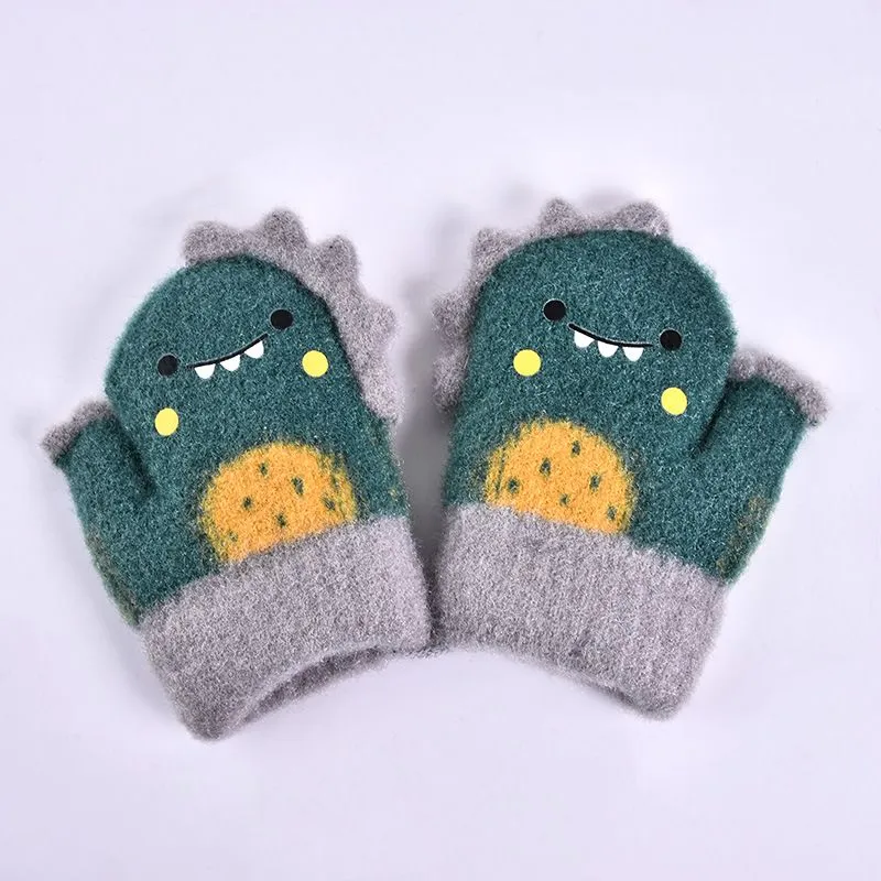 Mitten for Children Cute Cartoon Dinosaur Warmer Thick Knitted Mittens For 0-2 years Baby New Hanging Neck Winter Glove Soft Kids gloves