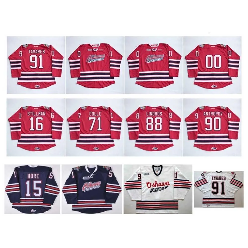 qqq8 OHL Oshawa Generals Jersey 91 John Tavares 2 Bobby Orr 15 Matt Hore 88 Eric Lindros 4 Michael Del Zotto Red Blue White Hockey Jerseys