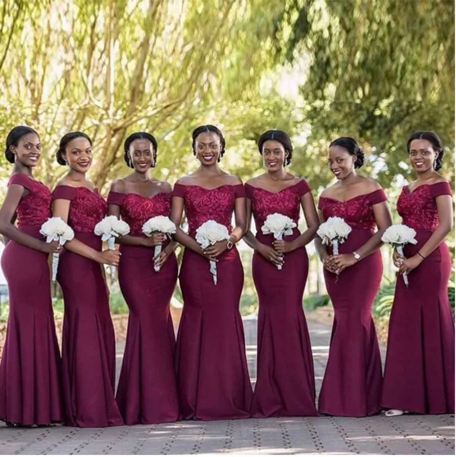 Paillettes brillantes Appliques bordeaux robes de demoiselle d'honneur sirène longue épaules dénudées femmes africaines robe de soirée de mariage formelle