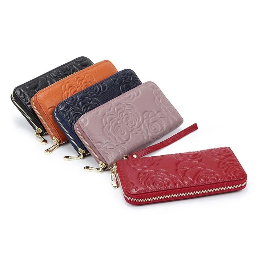 Kvinna Koppling plånbok mode präglad rosblomma mulit funktionell äkta läder blixtlås mjuk plånbok för iPhone 12 avtagbar wris2843